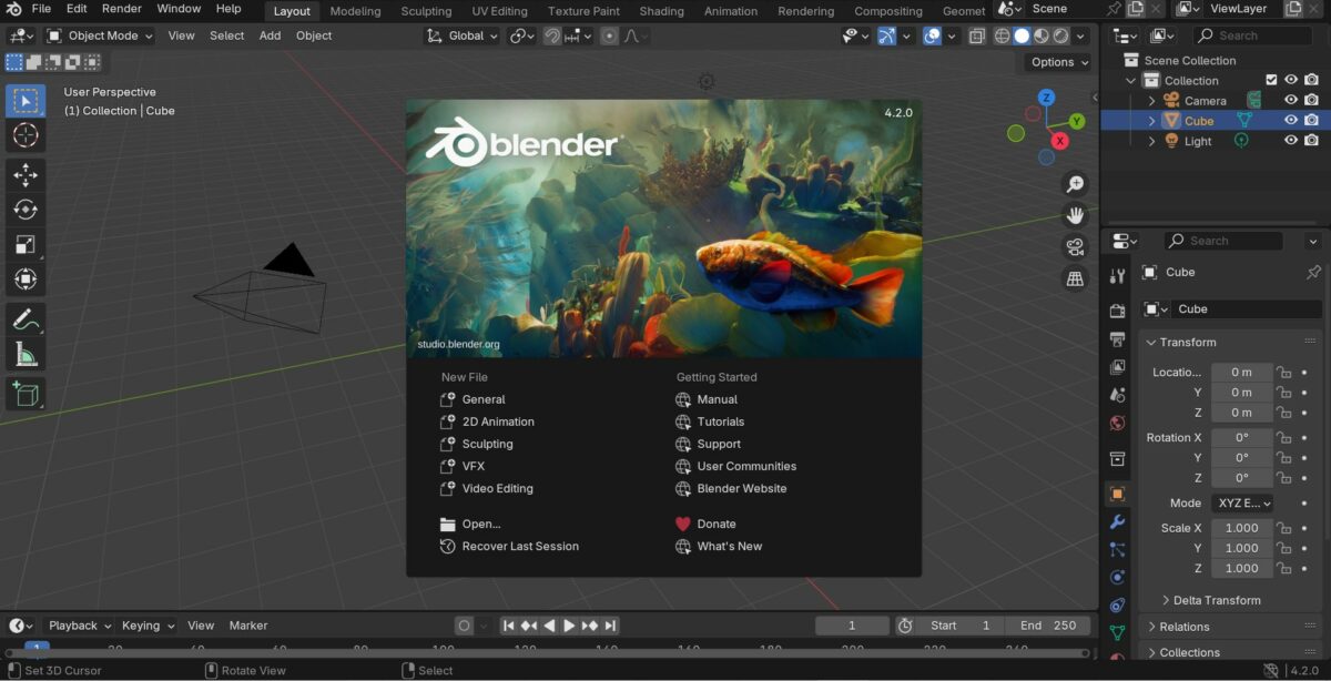 The start screen of the open-source program, Blender